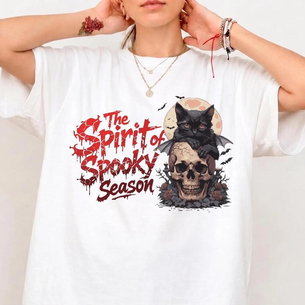 The Sprit Of Halloween Shirt,Gothic Black Cat And Skull Tee